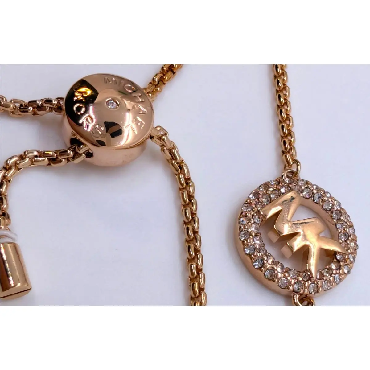Nice  Gold Brass Logo Pave Crystal Charm Slider Adjustable Bracelet by Michael Kors