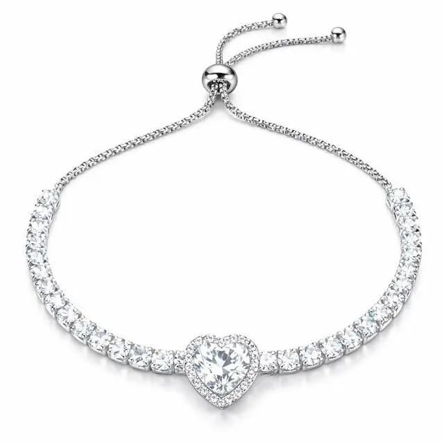 Crystal Heart Tennis Bracelet Adjustable Bolo Silver Tone Sparkle by Swarovski