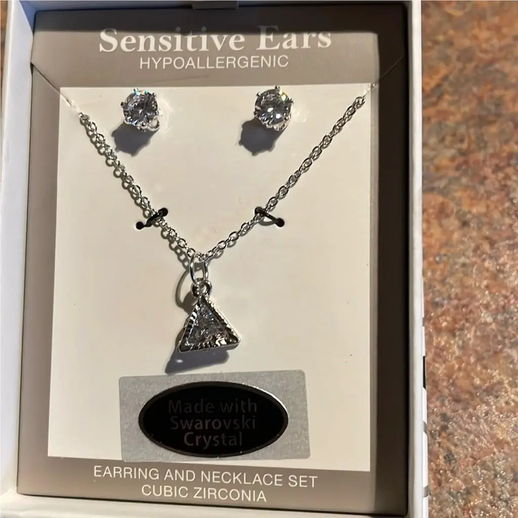 Crystal Elements Triangle Shape Necklace Earring Set Silver Overlay by Swarovski