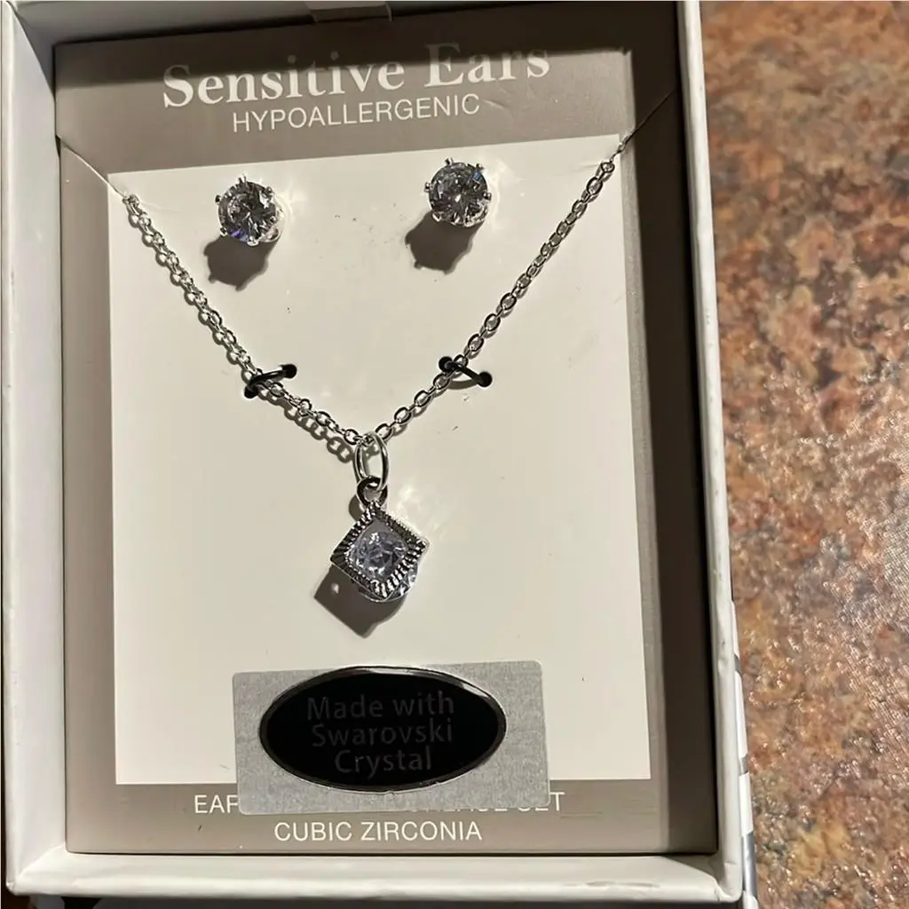 Crystal Elements Diamond Shape Necklace Earring Set Silver Overlay by Swarovski