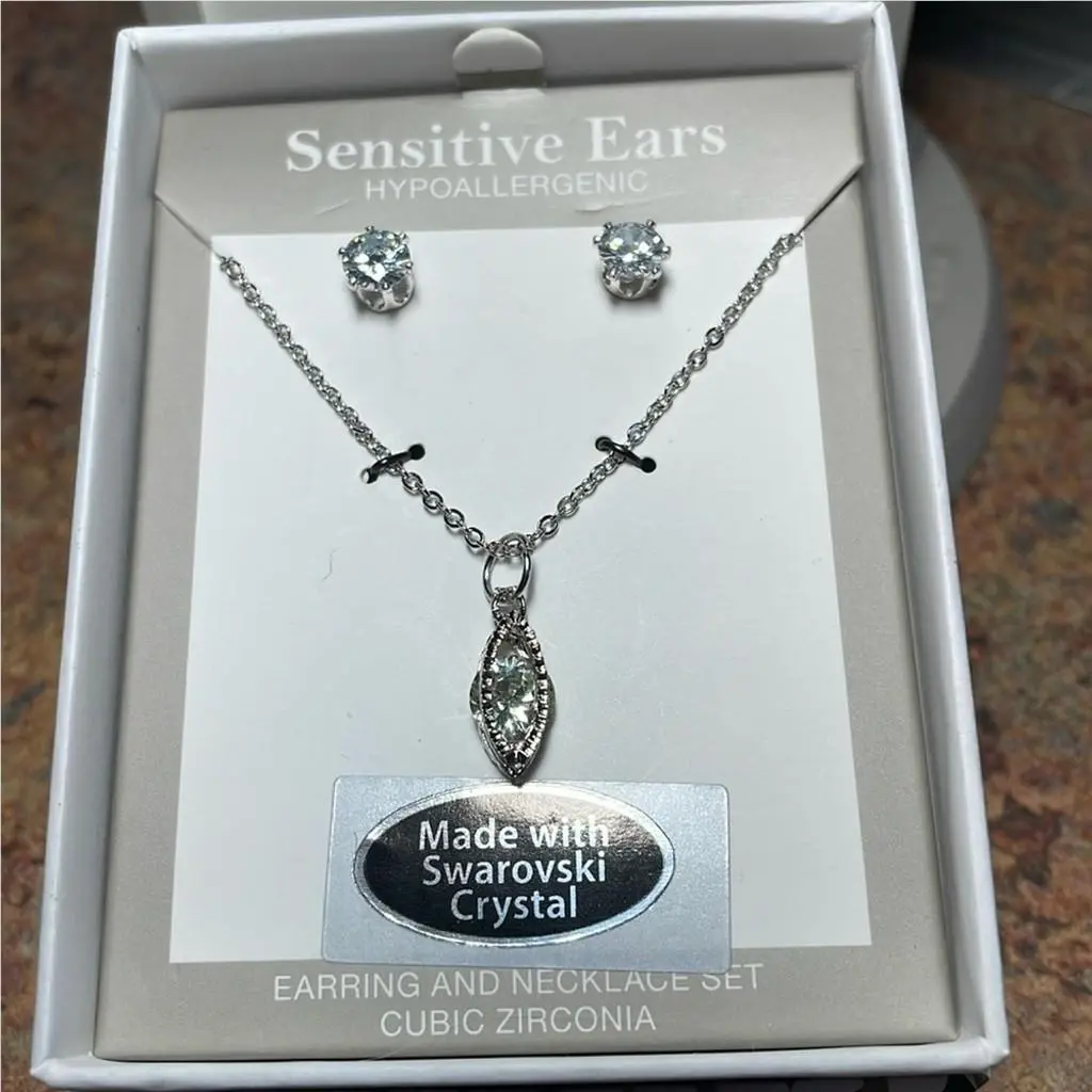 Crystal Elements Oval Shape Necklace Earring Set Silver Overlay by Swarovski