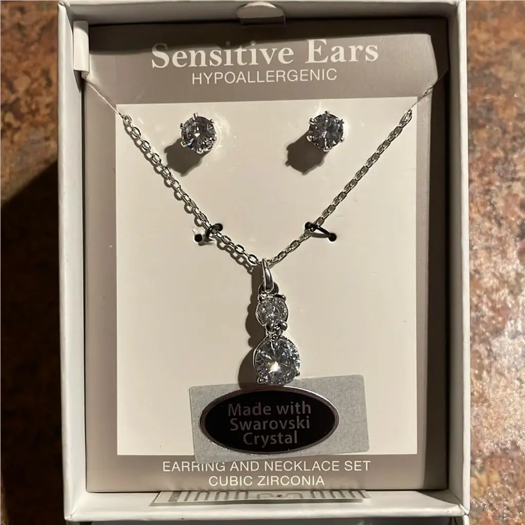 Crystal Elements Double Stone Necklace Earring Set Silver Overlay by Swarovski