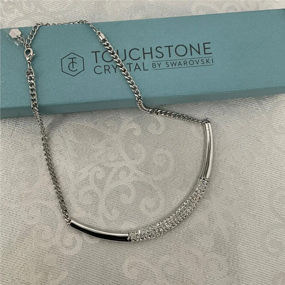 Touchstone Silver Tone Necklace with Rhinestone Bar by Swarovski