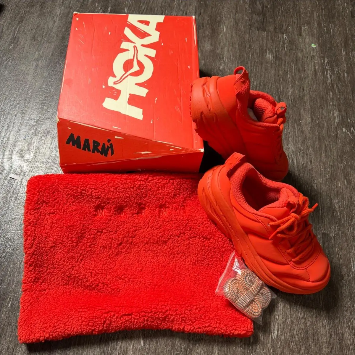Hoka x Marni Bondi B3 Mens 7 Red Quilted Chunky Sneakers 117083-PNCN Box Dustbag