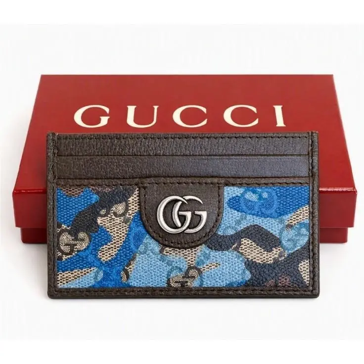 Gucci 834795 Brown Leather Blue Camo GG Supreme Canvas Card Holder Wallet