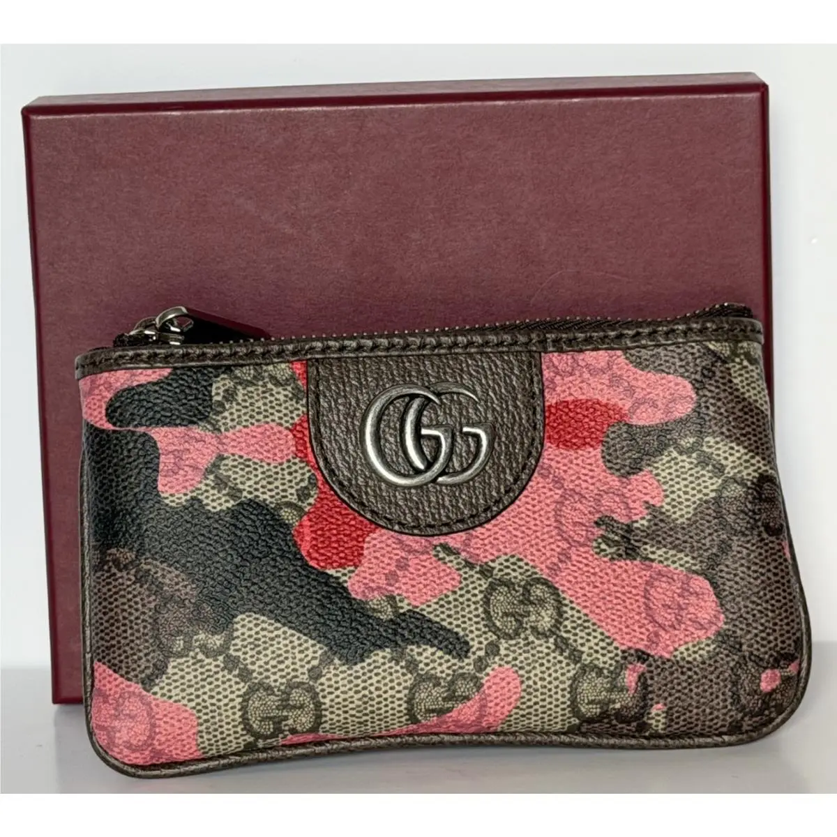 GG Key Case Pink Red Camo Monogram Zip Pouch 855446 by Gucci