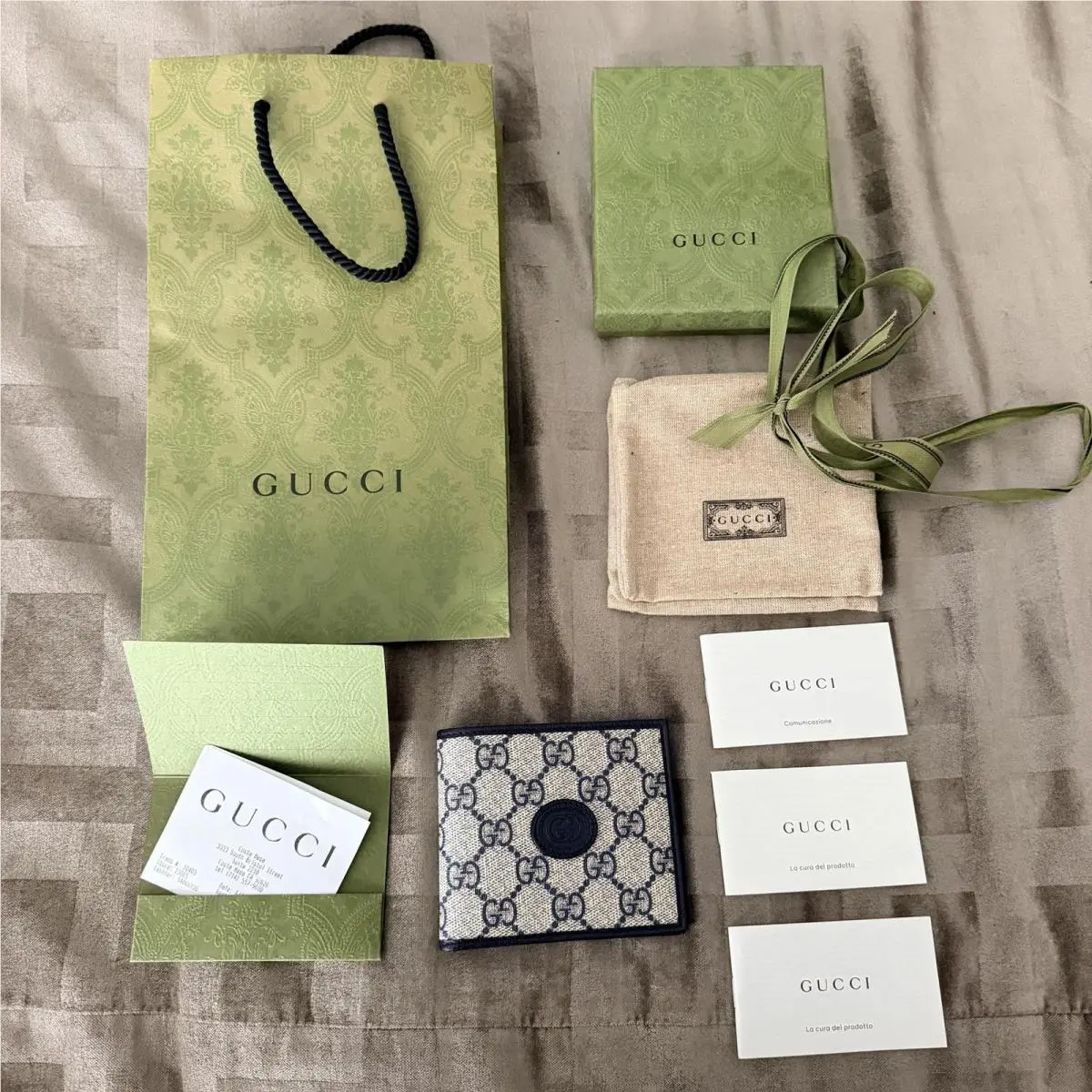 GG Supreme Navy Blue Beige Bifold Wallet Box Dust Bag Ribbon Gift Set by Gucci