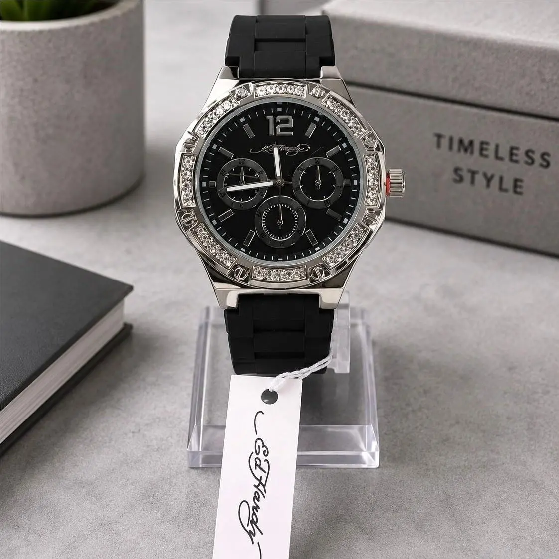Ed Hardy Mens Black Dial Watch Rhinestone Bezel w Silicone Band
