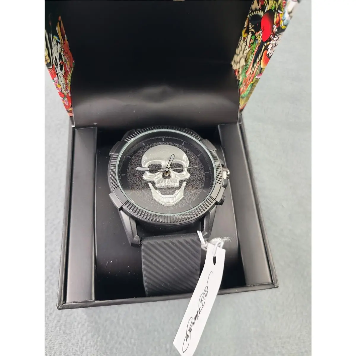 Ed Hardy Mens 48mm 3D Skull Watch Black Silicone Quartz 50449B-42-B02