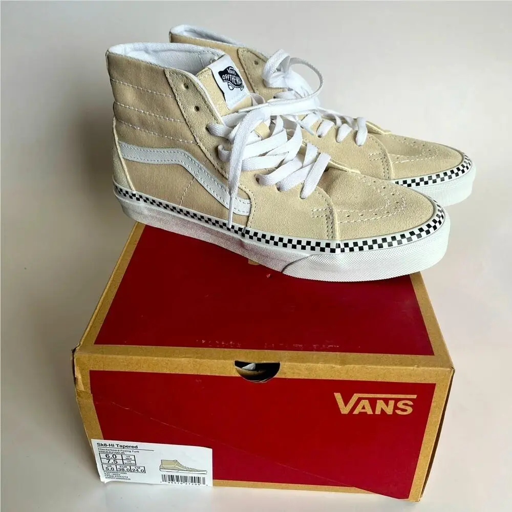 Women`s 7.5 Sk8 Hi Tapered Checkerboard Foxing High Top Sneakers Tan by Vans