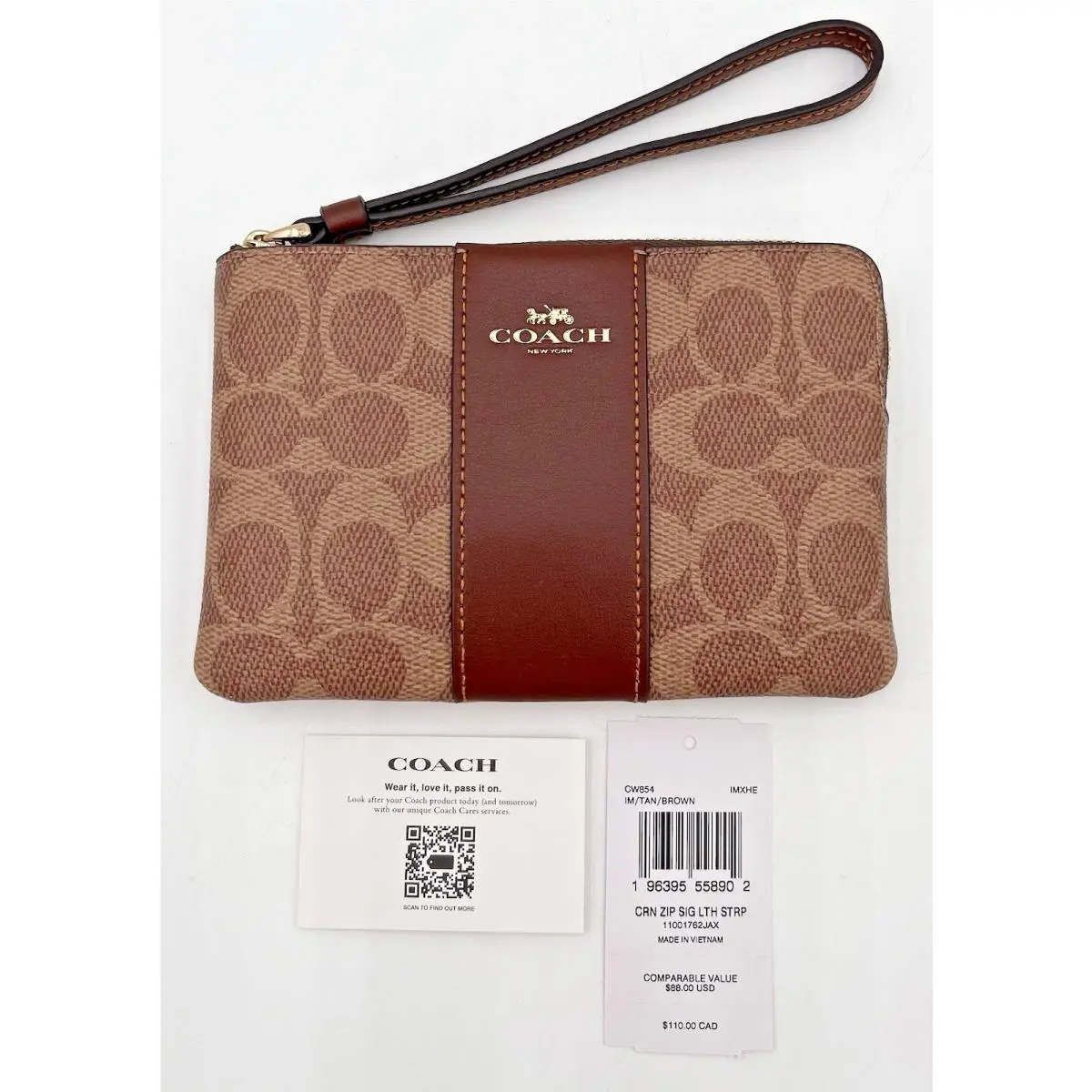 CW854 Corner Zip Wristlet in Signature Canvas with Stripe - Gold/tan/brown by Coach