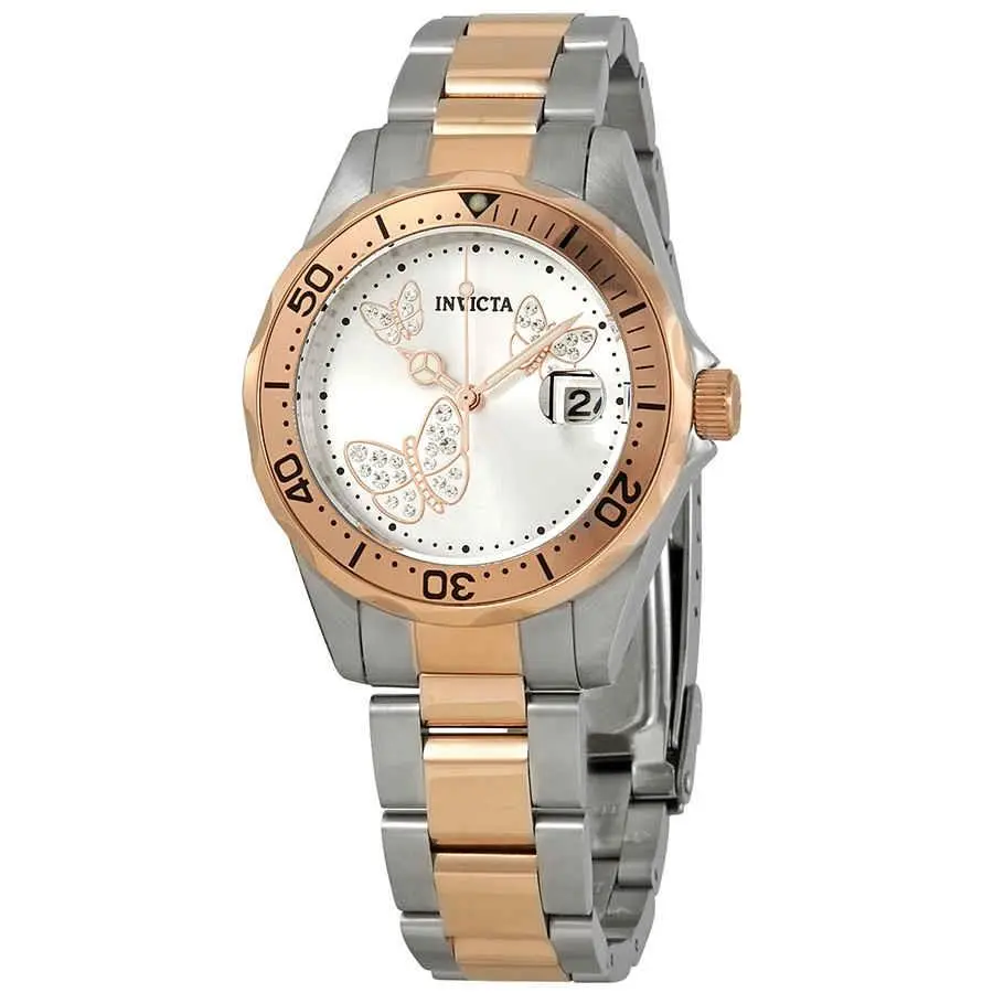 Invicta Angel Silver Dial Two-tone Ladies Watch 12504 - Dial: Silver Crystal-set, Band: Two-tone (Silver-tone and Rose Gold-plated), Bezel: Silver-tone