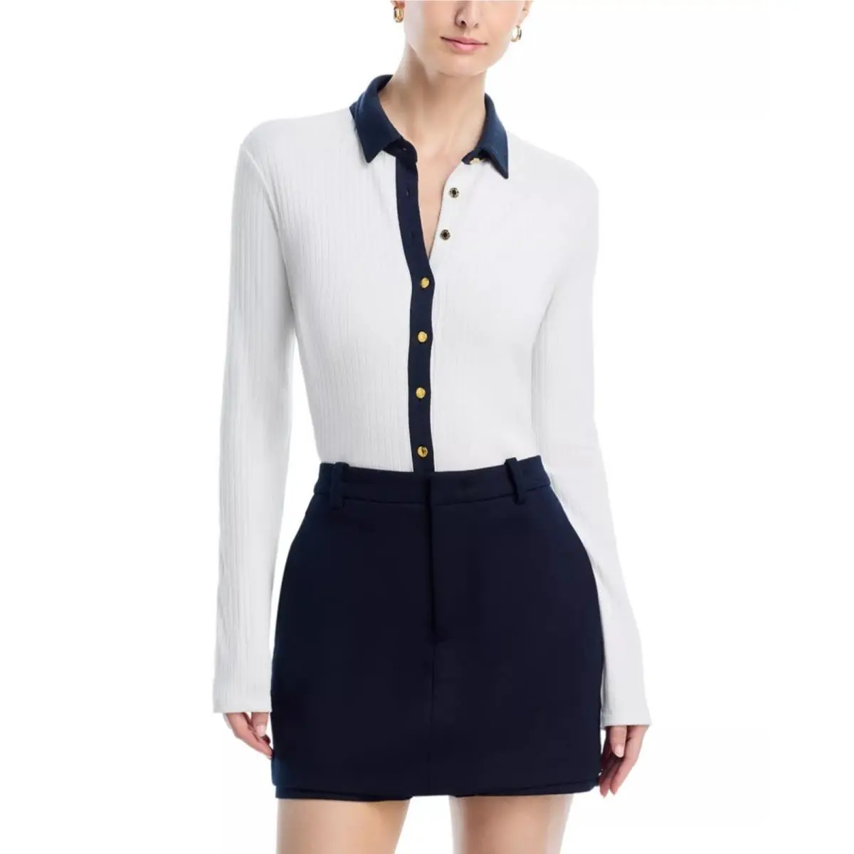 Rag Bone Women White/navy Rayon Blend Rib Knit Contrast Polo Top Size XS