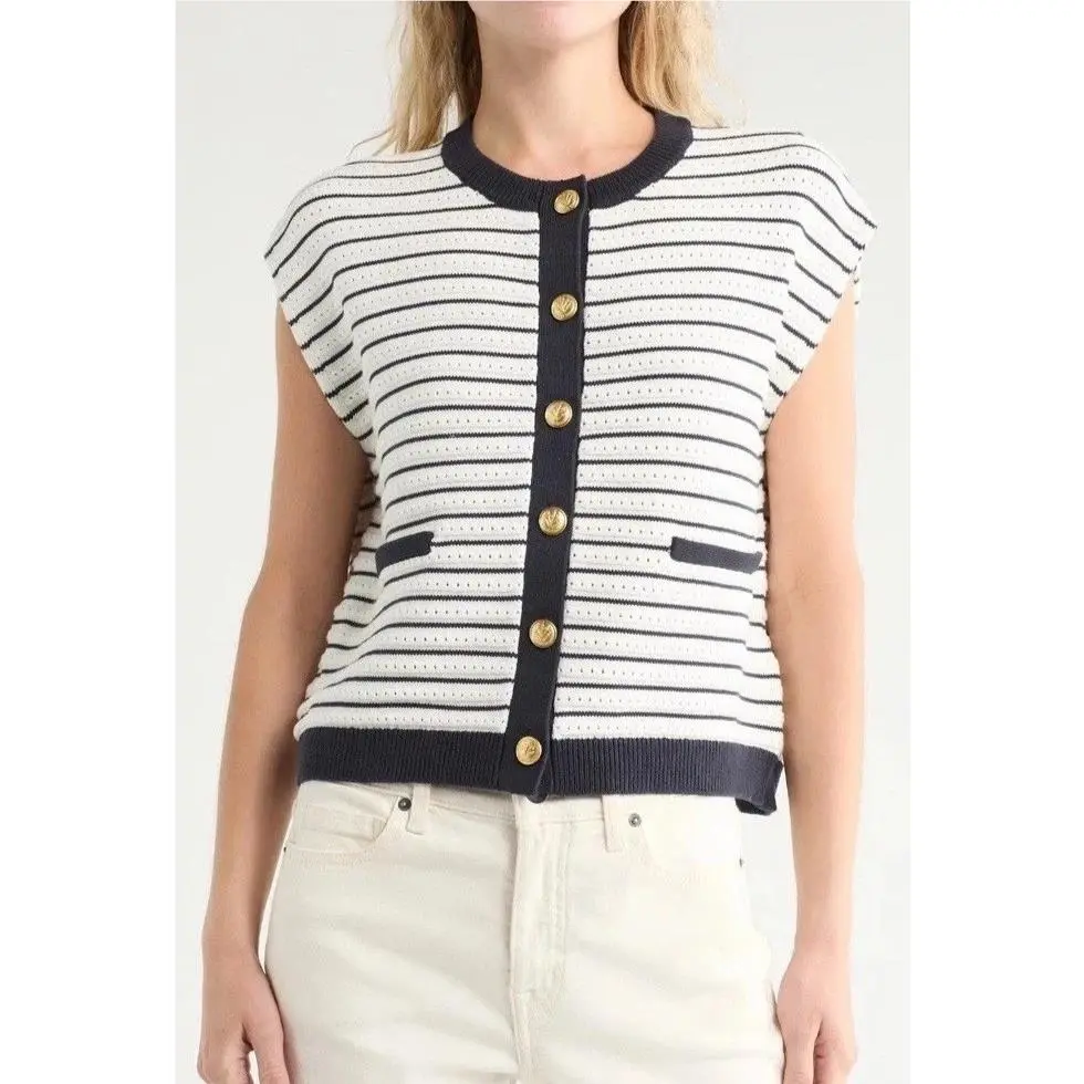 Rag Bone L Evelyn Vest Ivory Stripe Knit Sleeveless Cardigan Sweater
