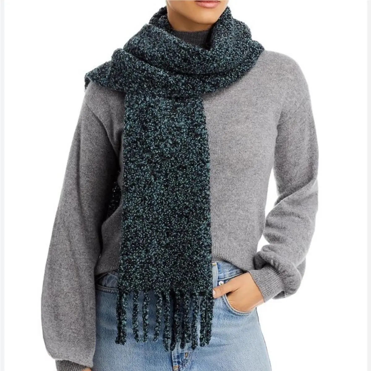 Rag and Bone Scarf Alpaca Blend Knit Fringe Blue and Black Boucle Quiet Luxury by Rag & Bone