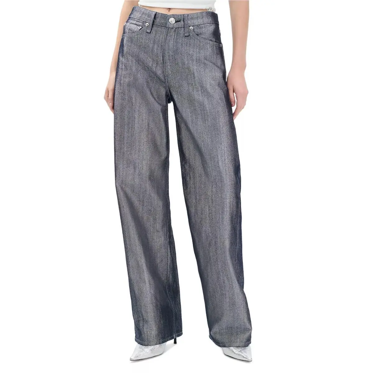 Rag Bone Logan Mid Rise Wide Leg Jeans Metallic Indigo Lux SZ.24 NWT$328