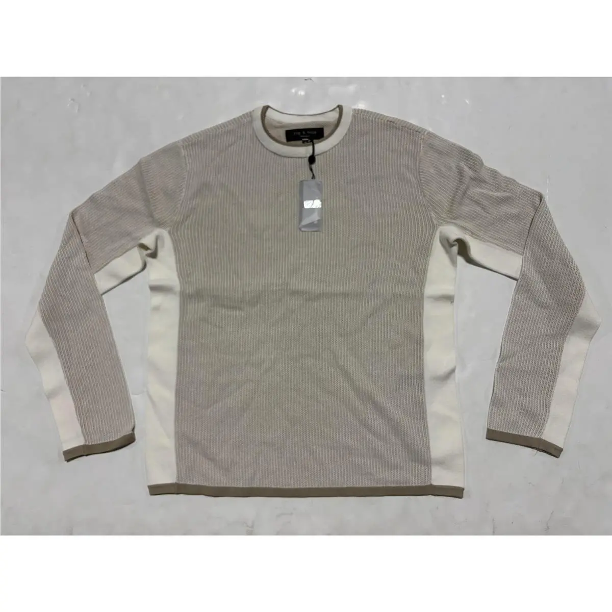 Rag Bone Men`s Crewneck Sweater Beige Ivory Colorblock Waffle Knit Cotton