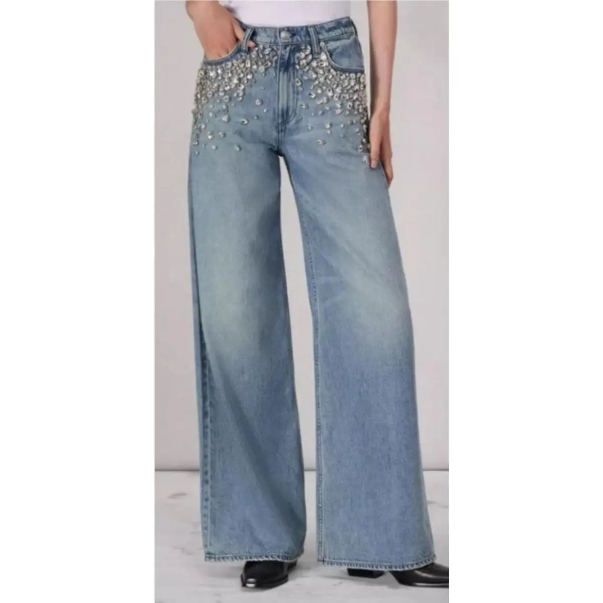 Rag Bone Featherweight High Rise Wide Length In Mali with Jewels SZ:33