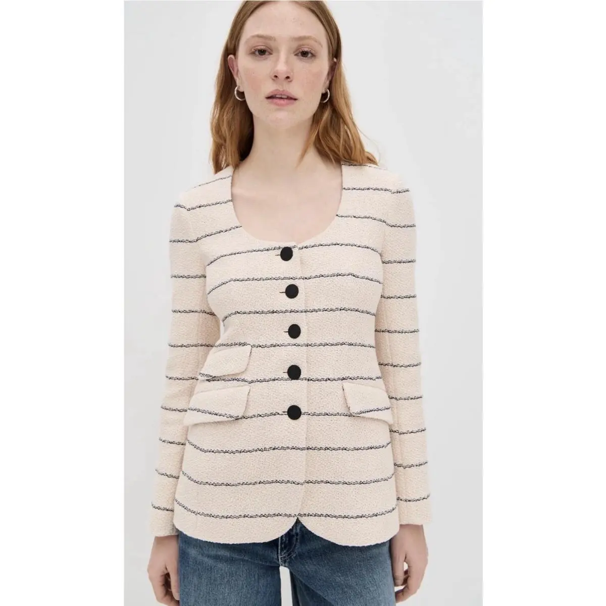 Rag Bone Size 4 Roslyn Tweed Blazer Cream Stripe Scoop Neck Jacket