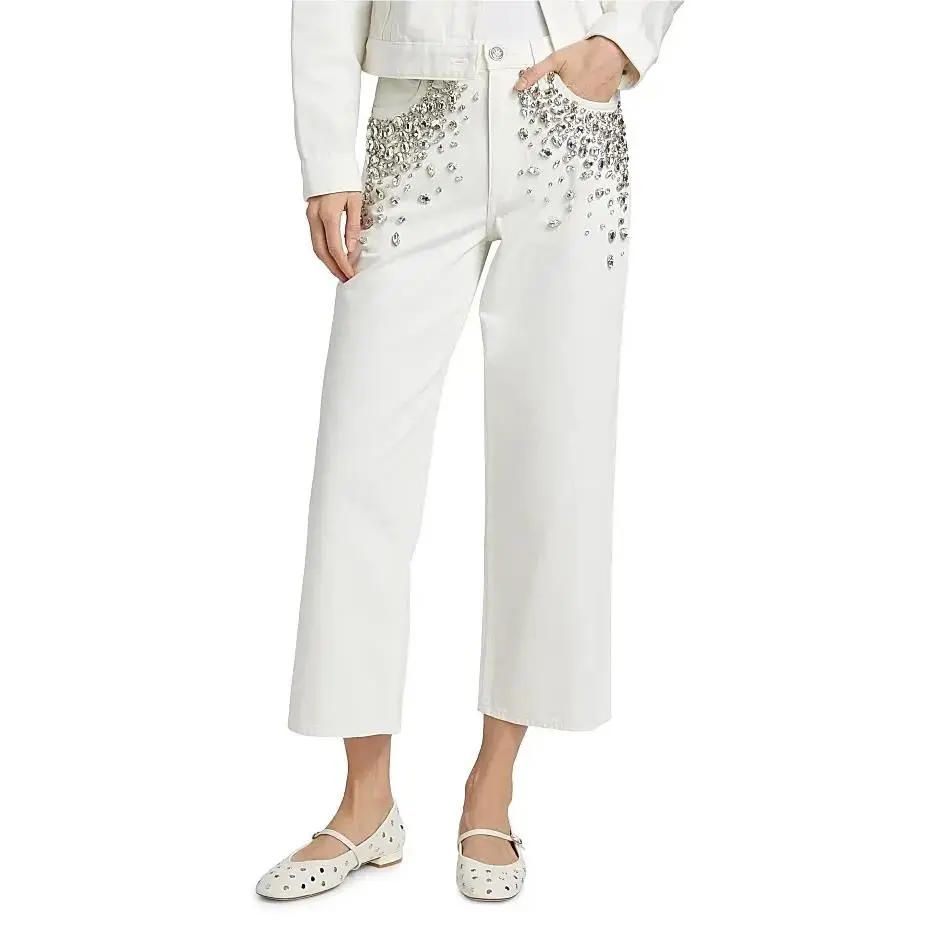 Rag Bone The Andi Embellished High Rise Ankle Wide Leg Jeans 26 White Jewel