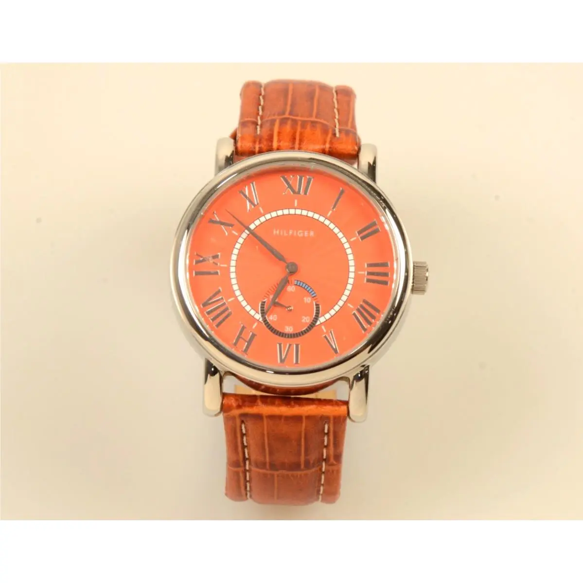 Vintage Hilfiger Watch F90254 Orange with Tan Leather Band - Needs Battery by Tommy Hilfiger