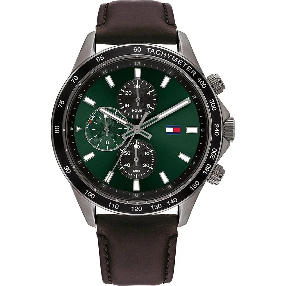 Men`s Watch Miles Dual Time Green and Black Dial Strap 1792017 by Tommy Hilfiger