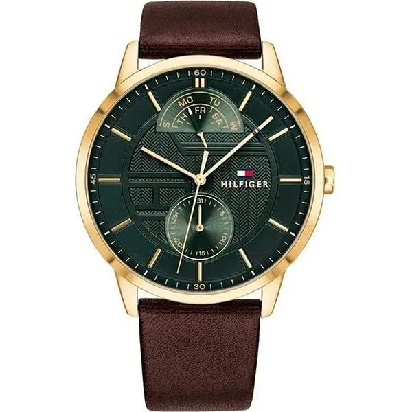 Tommy Hilfiger Men`s Multifunction Green Dial Brown Belt Watch 1791607