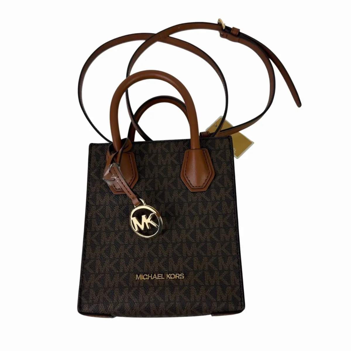 Michael Kors Brown Monogram Mercer XS Shopper Crossbody Bag Gold Hardware