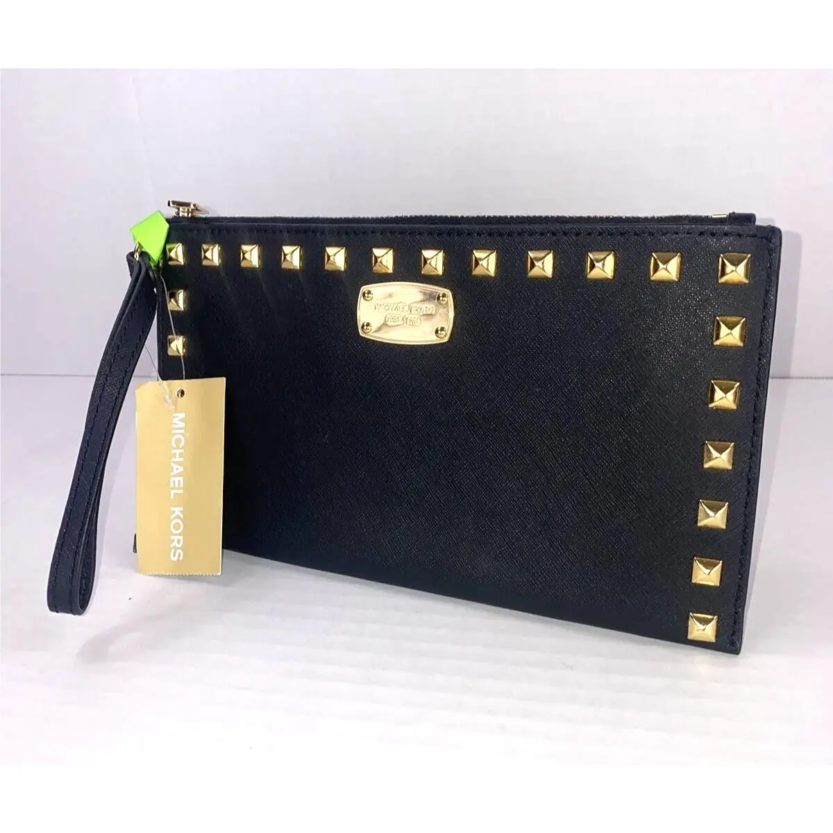 Saffiano Stud Large Wristlet Black Leather Clutch Gold Zip B20 by Michael Kors