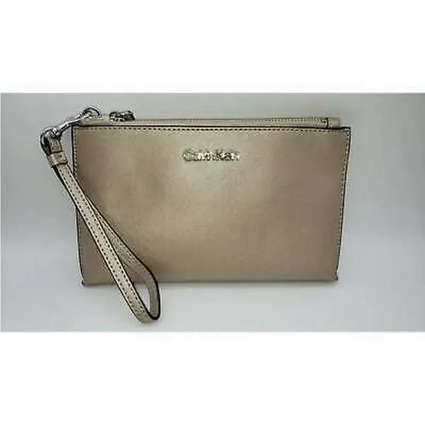 Saffiano Leather Wristlet Metallic Taupe/silver by Calvin Klein