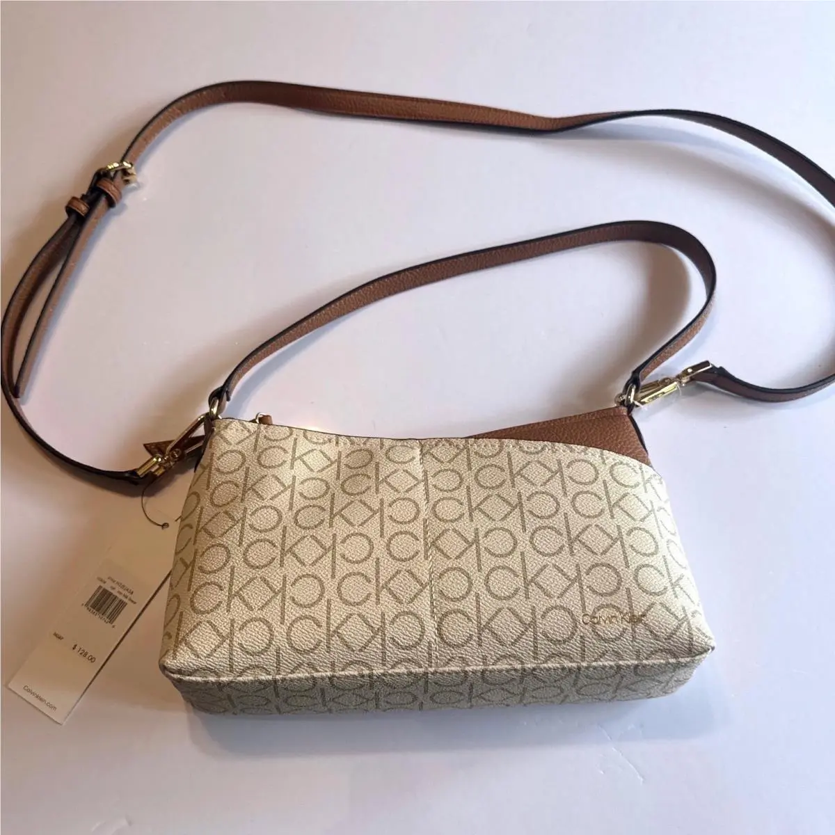 Crossbody Bag Womens Small Cream Brown Monogram H5JEA514 by Calvin Klein
