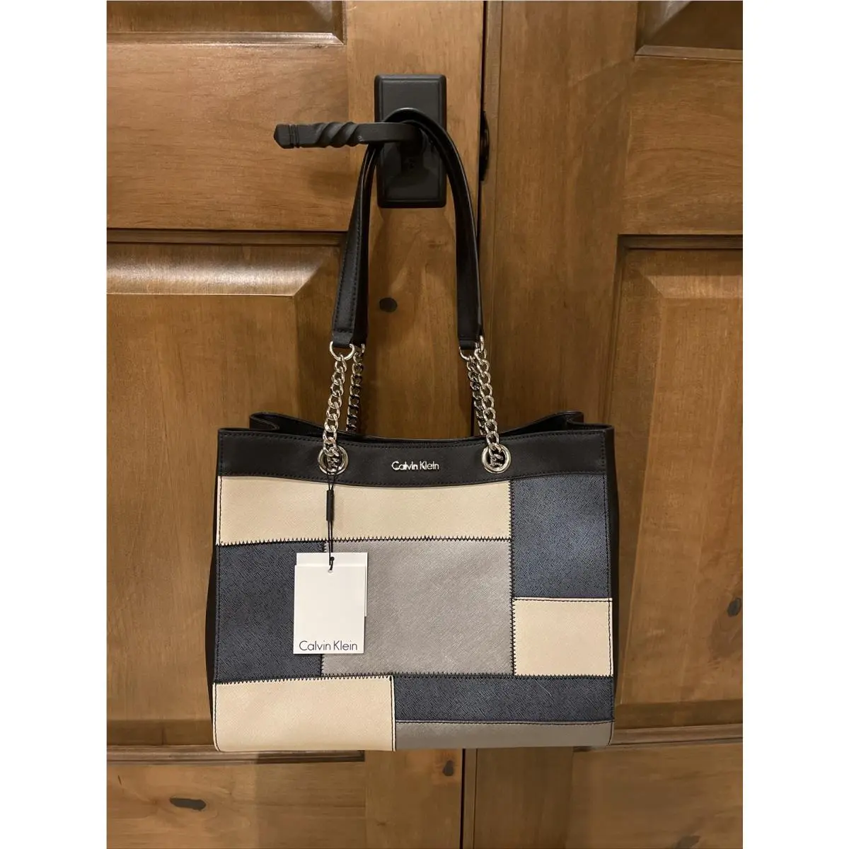 Retail  Color Block Silver Tone Chain Leather Shoulder Bag by Calvin Klein