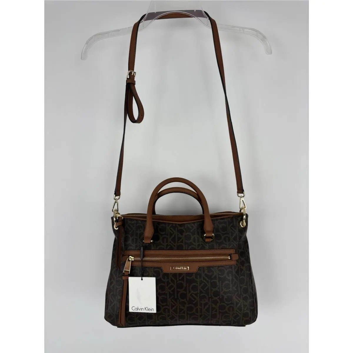 H4JDJ3KD Brown CK Monogram Pocketed Large Crossbody Hand Bag by Calvin Klein