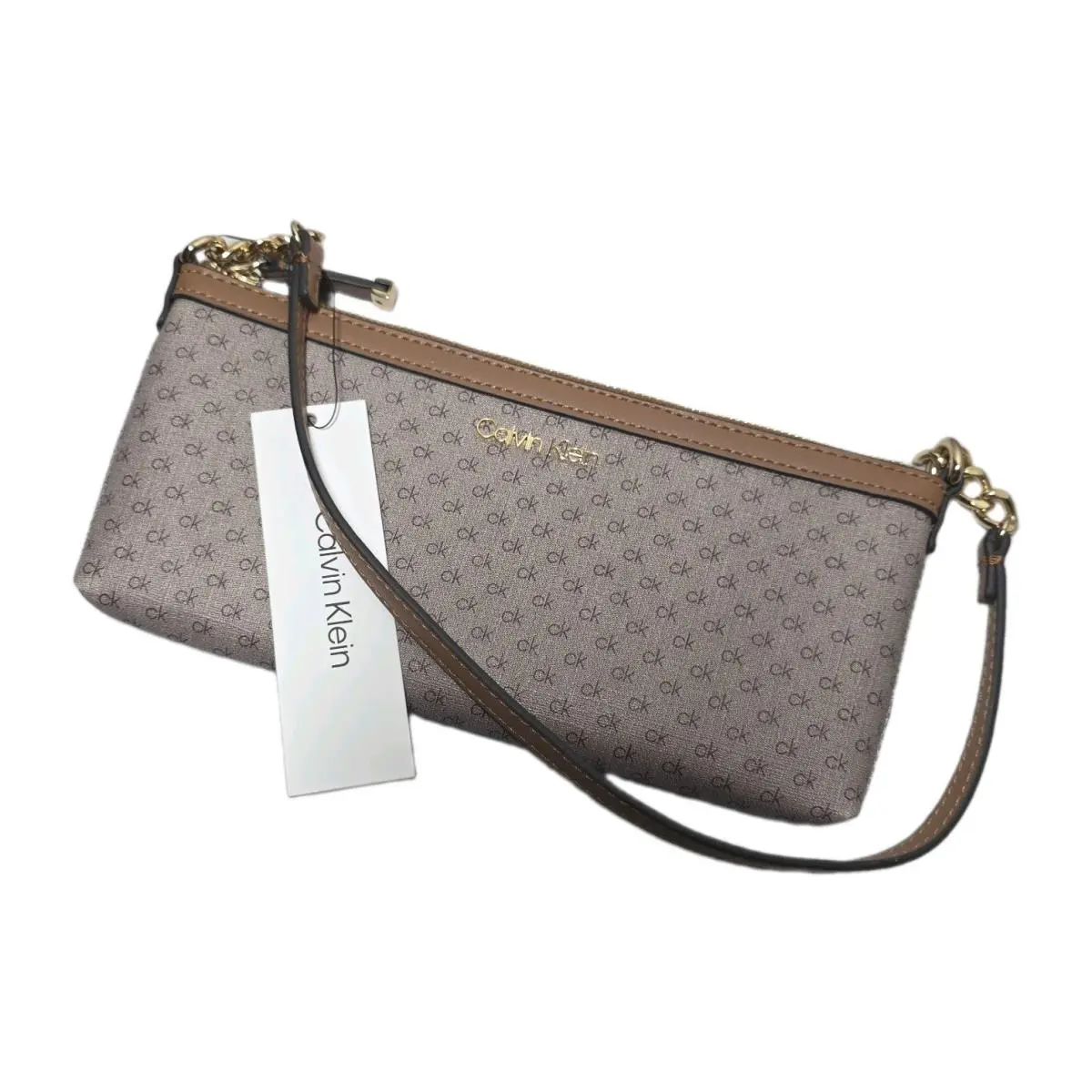 Top Handle Purse Bag Logo Linear Taupe by Calvin Klein
