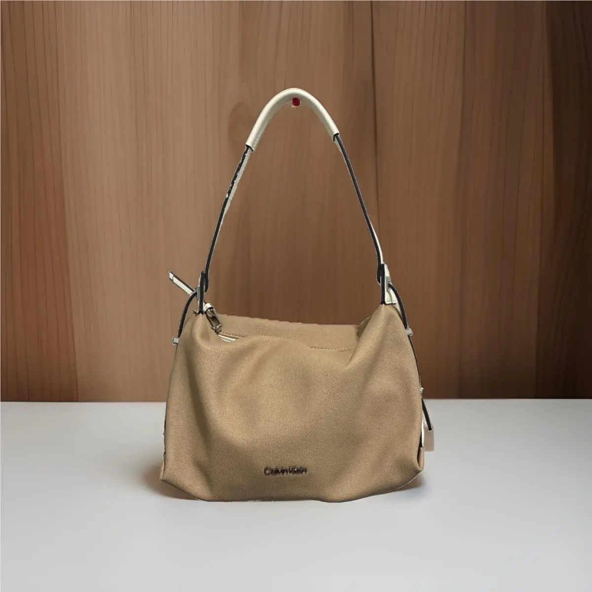 Metal Logo Zip Top Womens Shoulder Bag Taupe Desert Sand by Calvin Klein