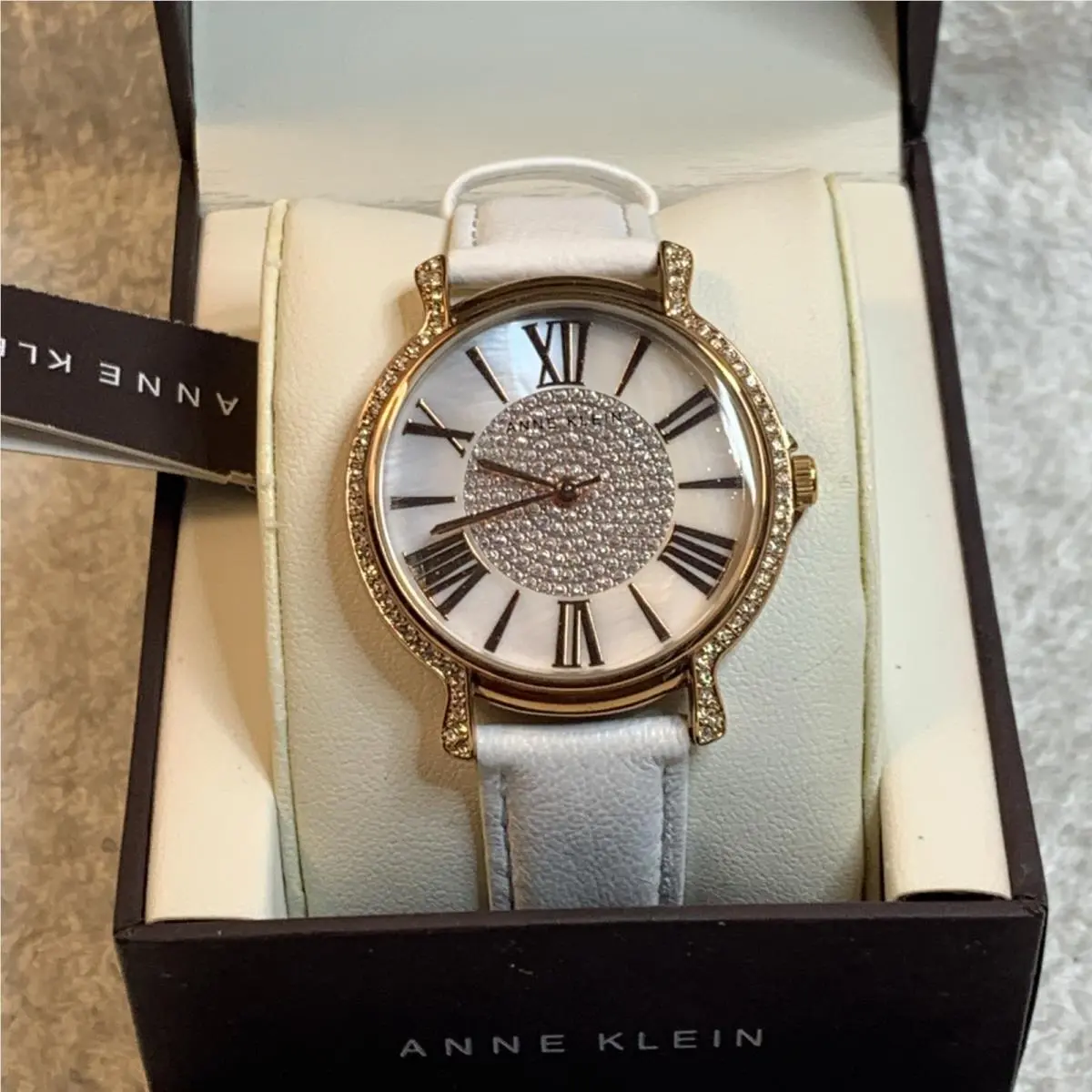 Women Wrist Watch Leather White Band Analog Crystal Accent by Anne Klein
