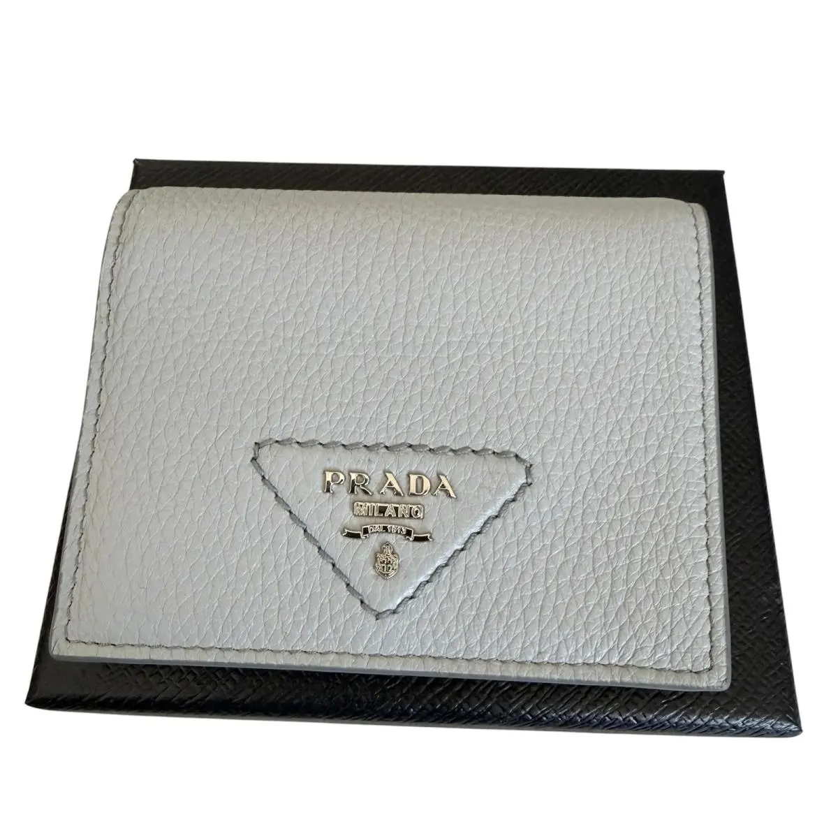 Grey Pebbled Leather Bifold Wallet 1MV204 Gold Logo Made in Italy by Prada