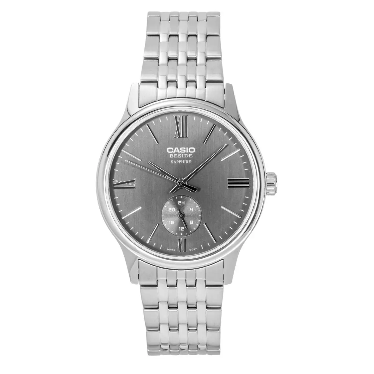 Casio Beside Analog Stainless Steel Grey Dial Quartz BMS-100D-8AV Men`s Watch - Dial: Grey, Band: Silver, Bezel: Silver