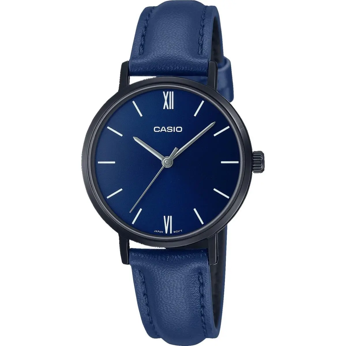 Casio LTP-VT02BL-2A Women`s Minimalistic Black IP Blue Dial Leather Band Watch