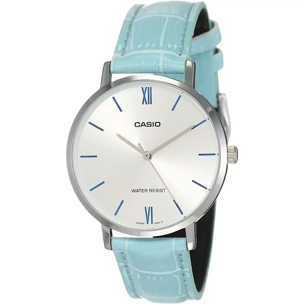 Women`s Minimalistic Silver Dial Blue Leather Band Watch LTP-VT01L-7B3UDF by Casio