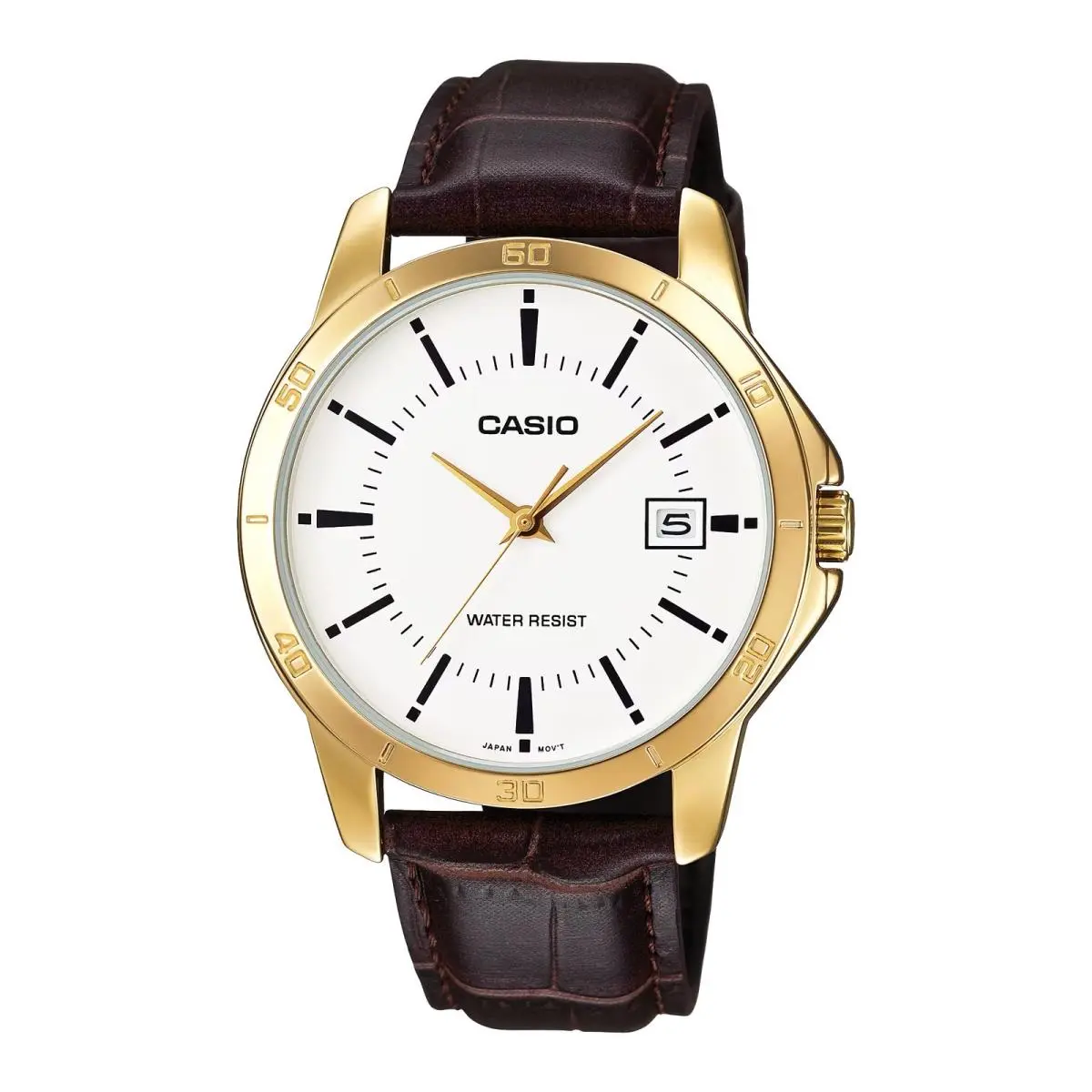 Men’s Brown Leather Strap Watch with White Dial - MTP-V004GL-7A by Casio