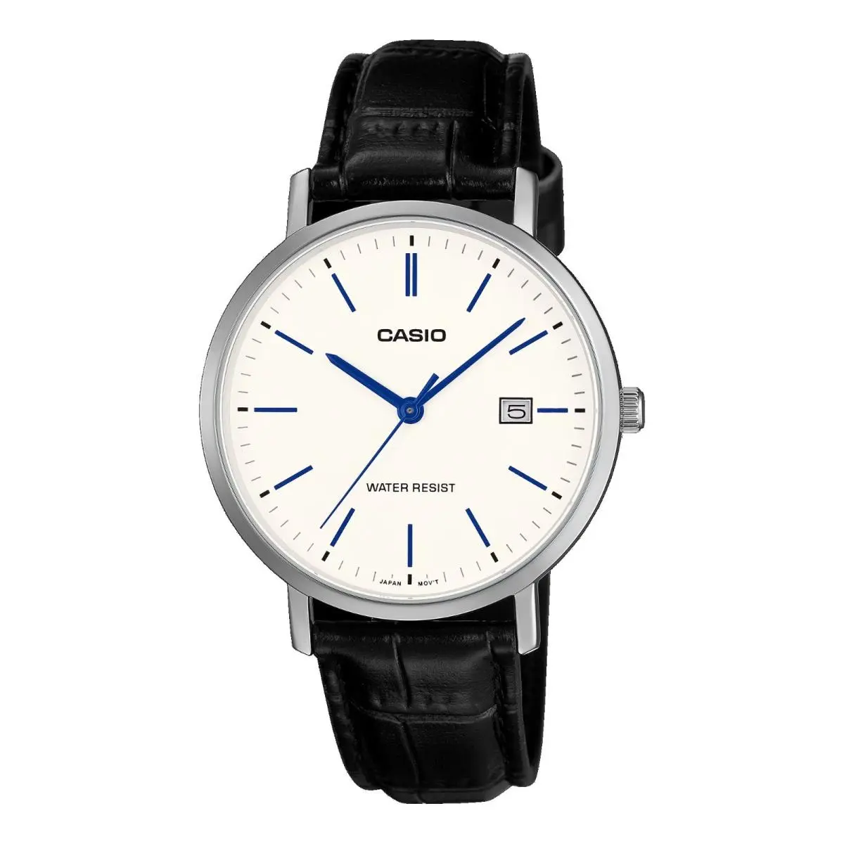 MTP-VT05L-7E Men`s Leather Band Minimalistic White Dial Analog Date Watch by Casio