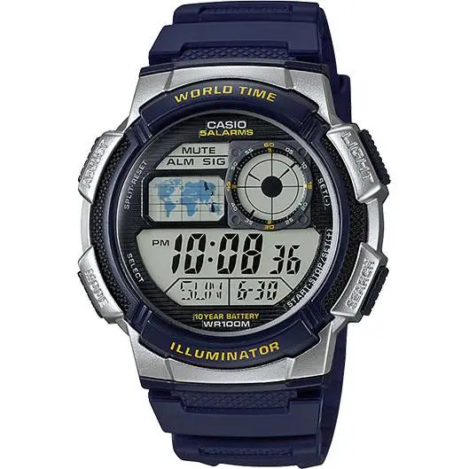 Casio Illuminator World Time Alarm Resin Strap Round Men`s Watch AE-1000W-2AVCF - Dial: Gray, Band: Blue
