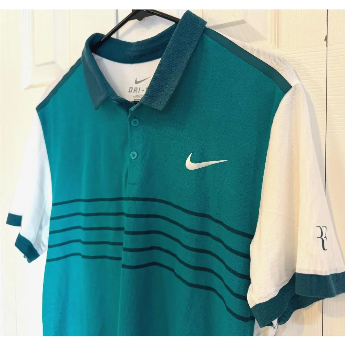 Nike clothing - Nike Men`s Advantage Premier RF Striped Polo - Radiant Emerald w/White (UPC: 885179434821) 0
