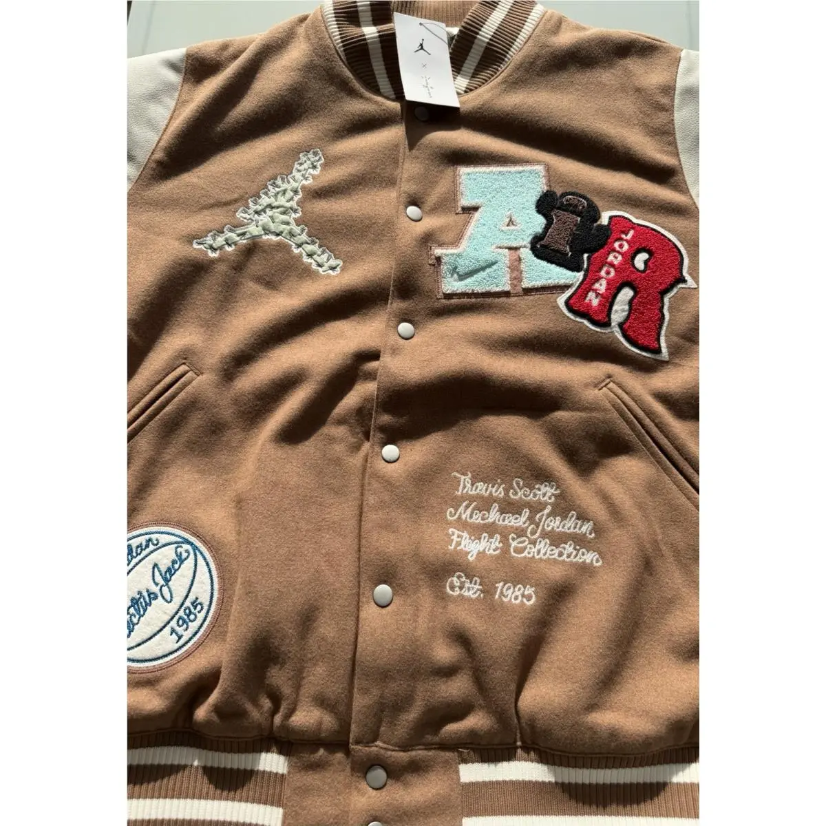 Scott clothing - Travis Scott × Jordan Varsity Jacket - DO4103-256 - Antique Brown/Cream (UPC: 190866317975) 8