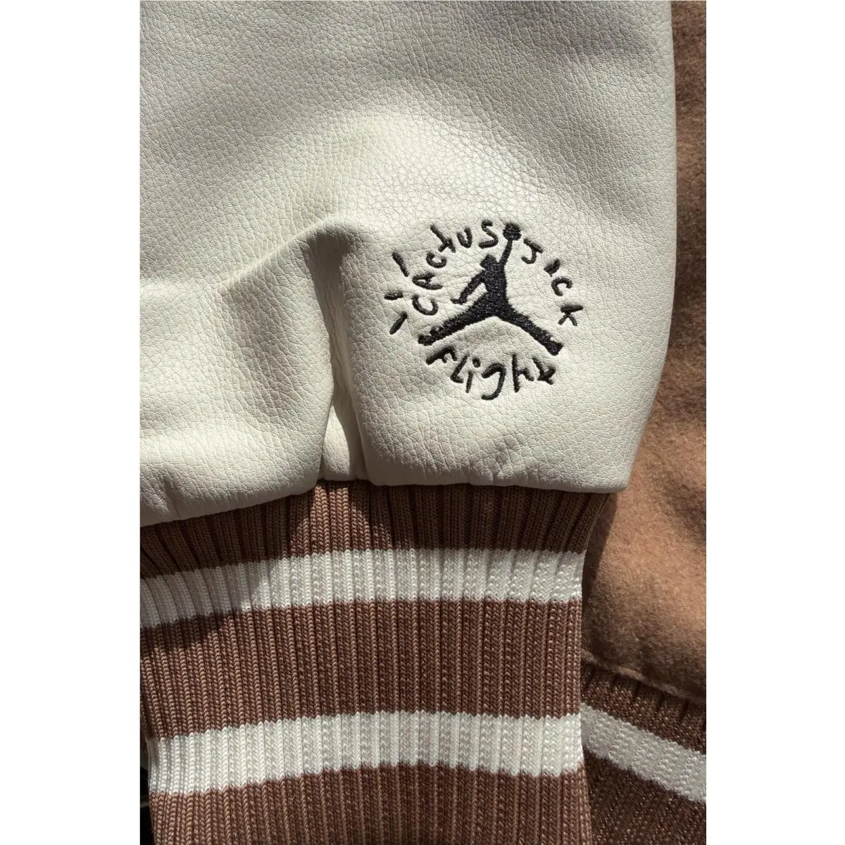 Scott clothing - Travis Scott × Jordan Varsity Jacket - DO4103-256 - Antique Brown/Cream (UPC: 190866317975) 11