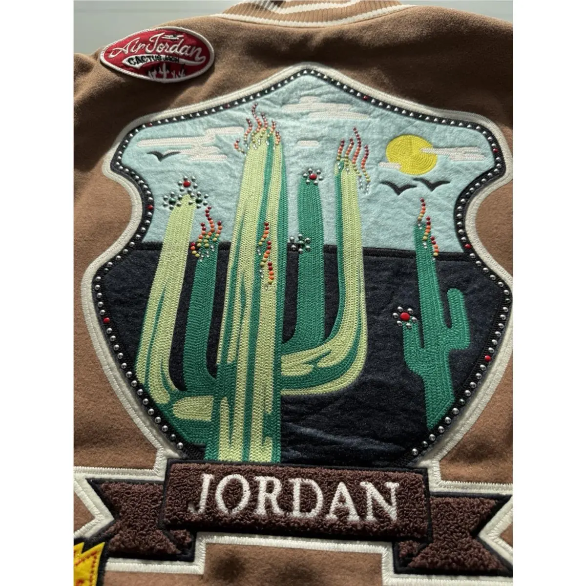 Scott clothing - Travis Scott × Jordan Varsity Jacket - DO4103-256 - Antique Brown/Cream (UPC: 190866317975) 12