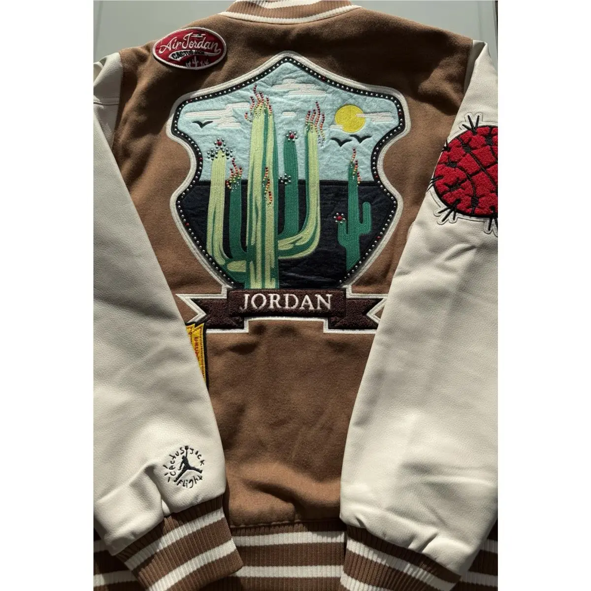 Scott clothing - Travis Scott × Jordan Varsity Jacket - DO4103-256 - Antique Brown/Cream (UPC: 190866317975) 13
