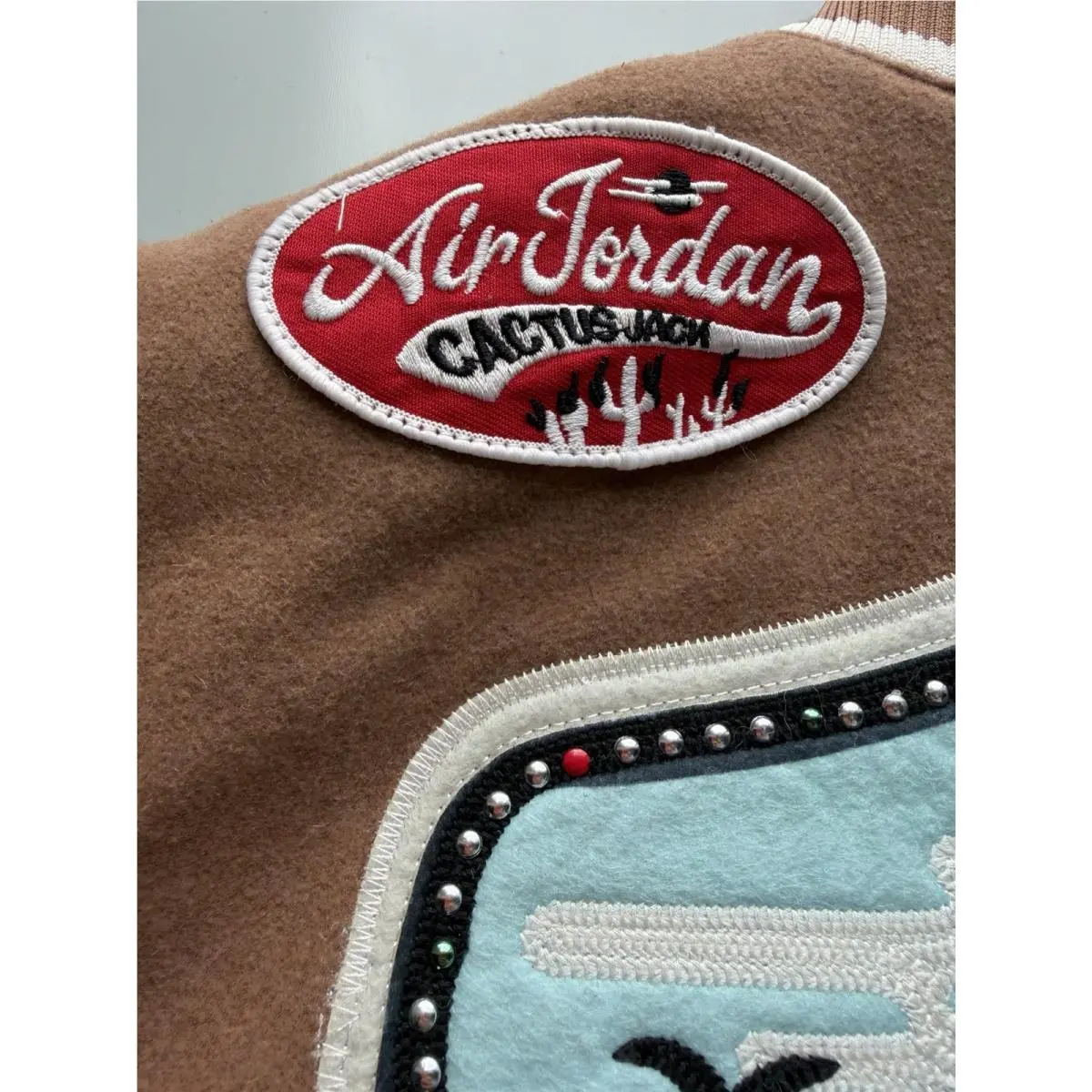 Scott clothing - Travis Scott × Jordan Varsity Jacket - DO4103-256 - Antique Brown/Cream (UPC: 190866317975) 14