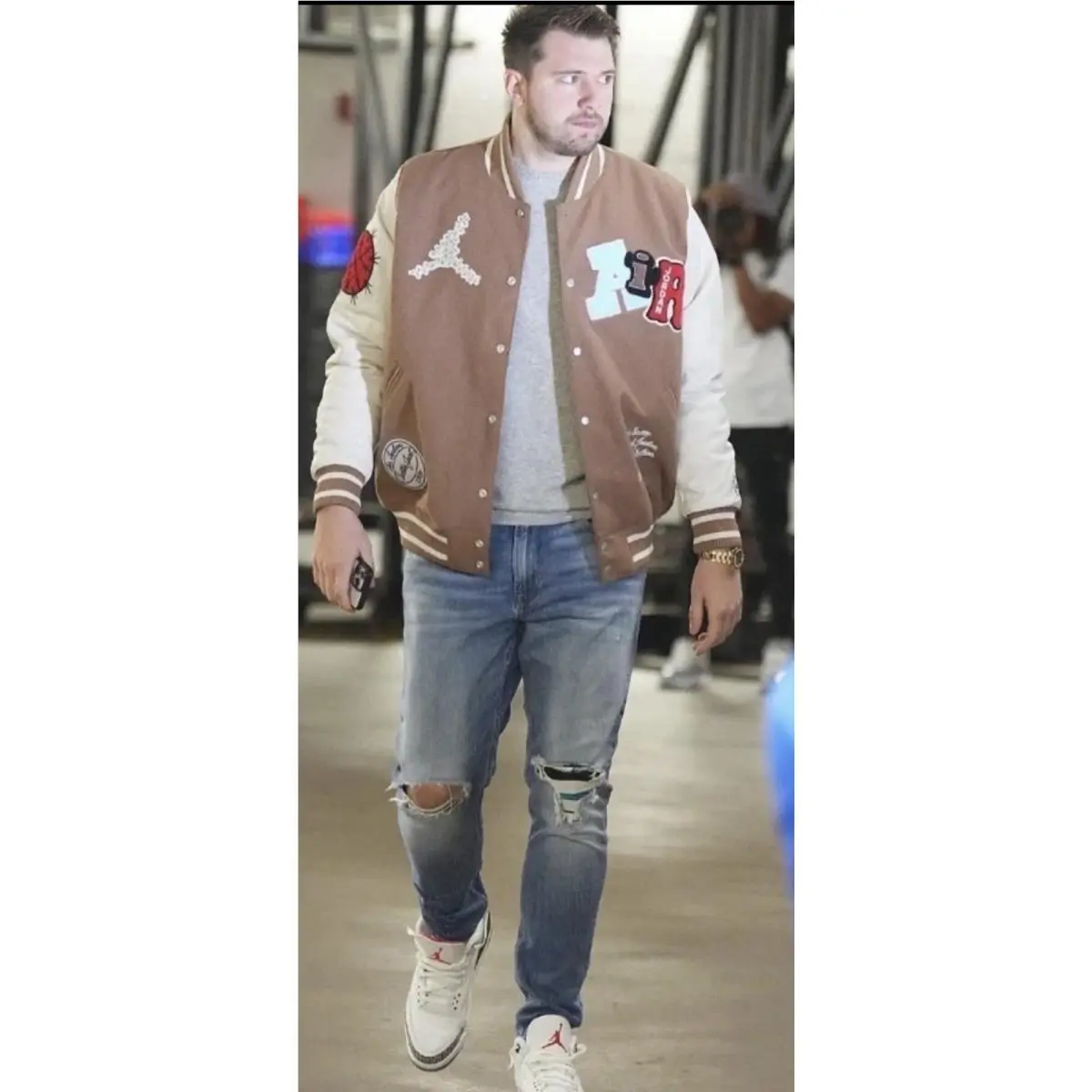 Scott clothing - Travis Scott × Jordan Varsity Jacket - DO4103-256 - Antique Brown/Cream (UPC: 190866317975) 0